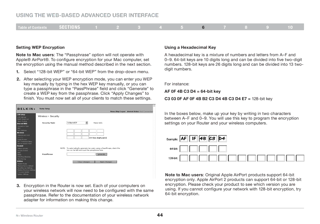 Belkin F5D8235-4 user manual Setting WEP Encryption, Using a Hexadecimal Key 