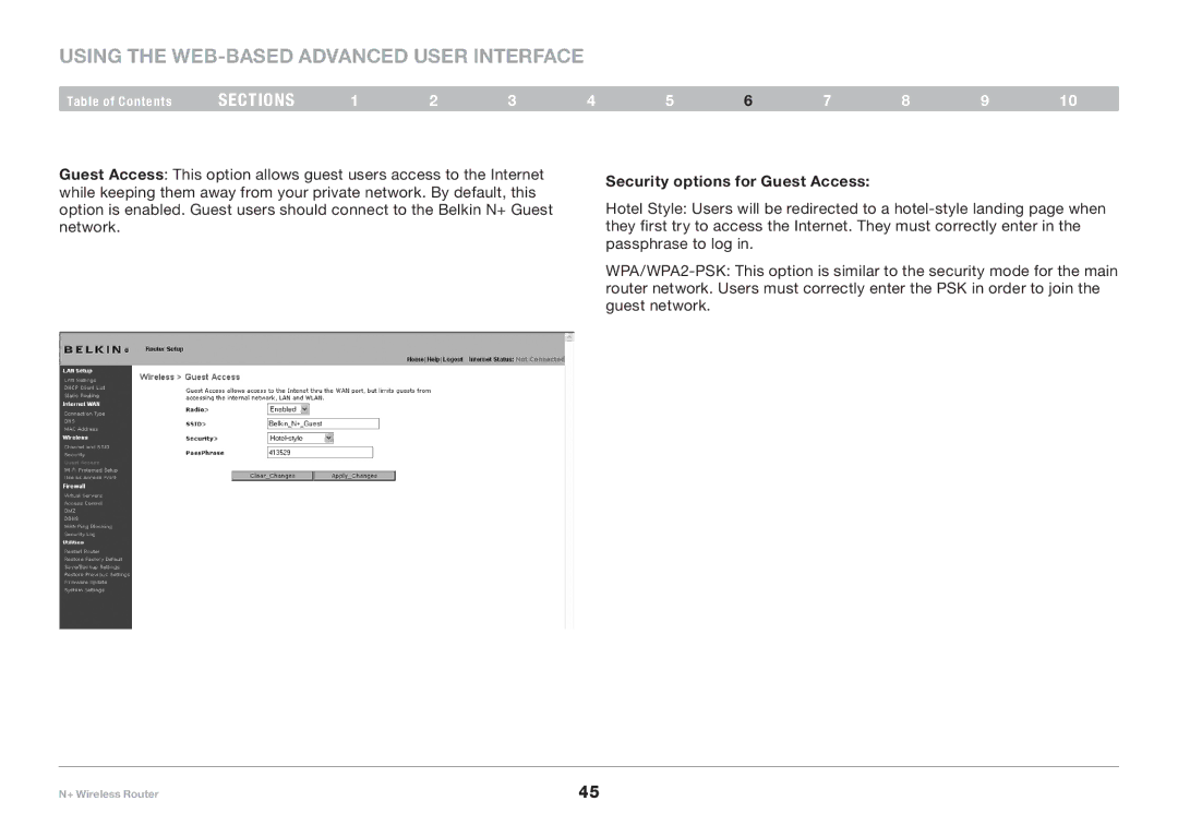 Belkin F5D8235-4 user manual Security options for Guest Access 