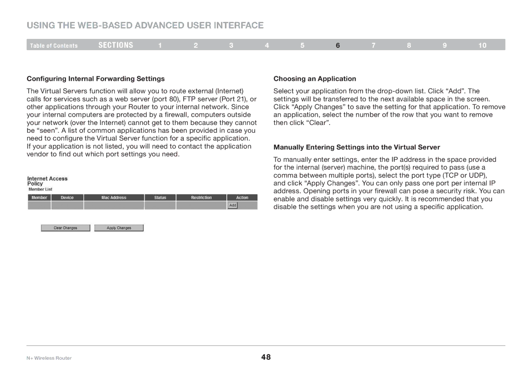 Belkin F5D8235-4 user manual Configuring Internal Forwarding Settings, Choosing an Application 