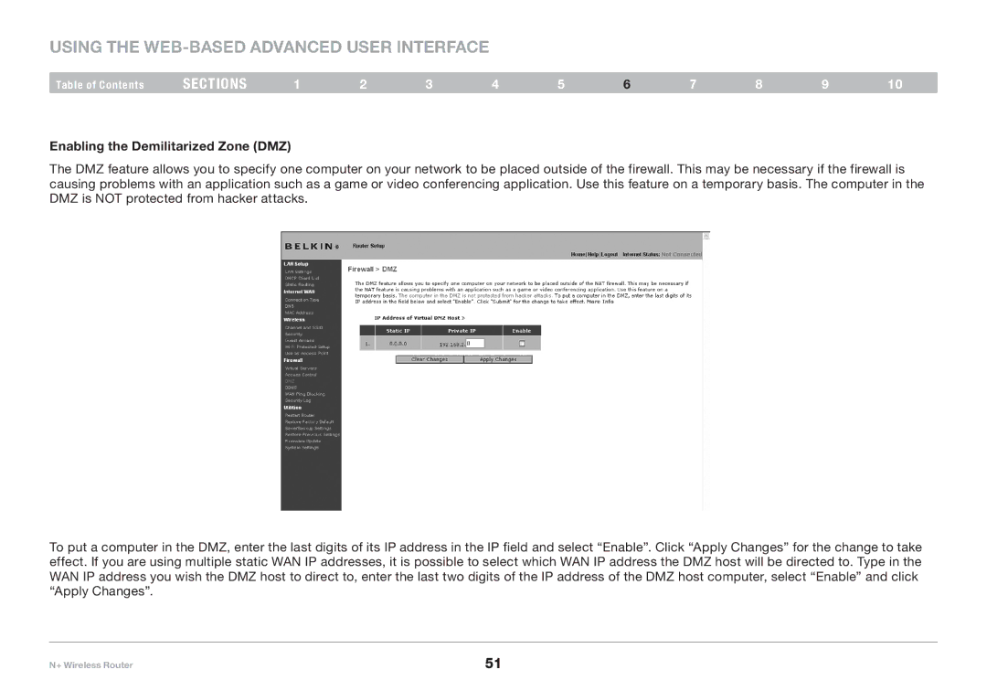 Belkin F5D8235-4 user manual Enabling the Demilitarized Zone DMZ 