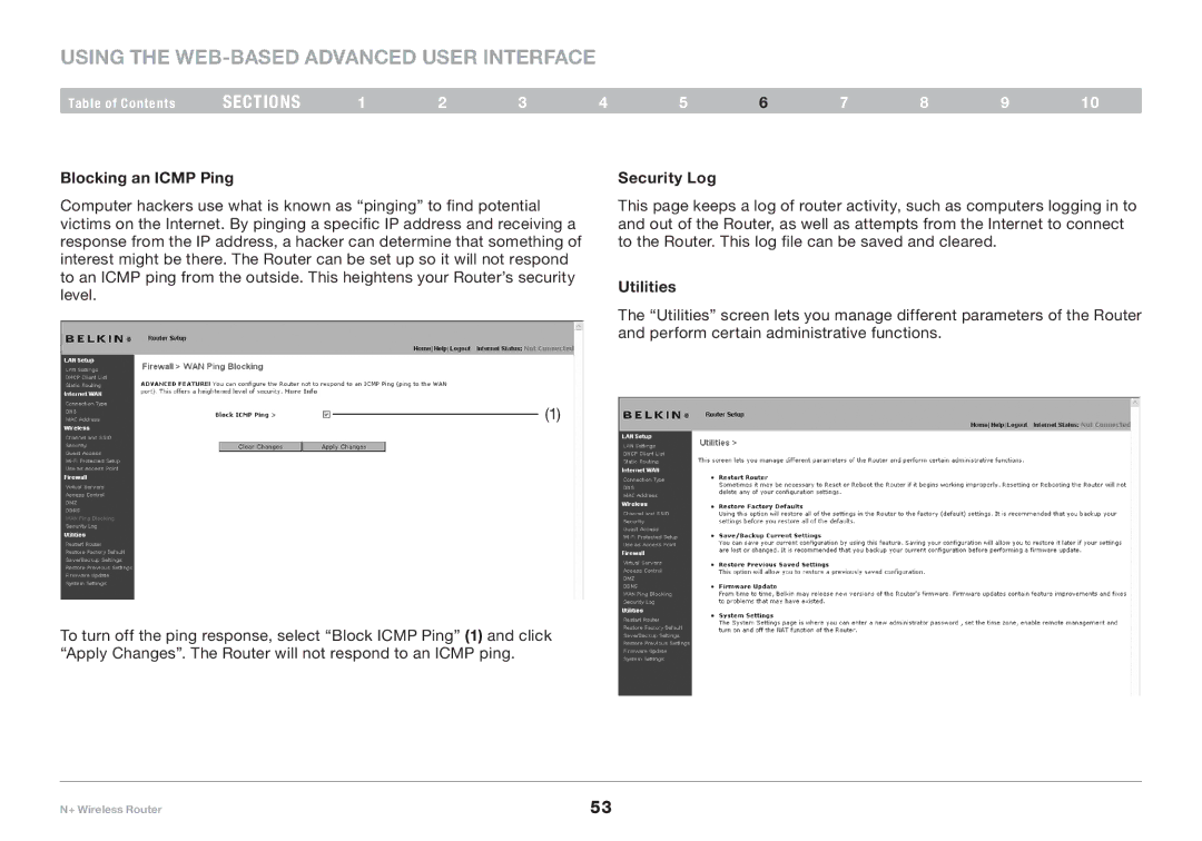 Belkin F5D8235-4 user manual Blocking an Icmp Ping, Security Log, Utilities 