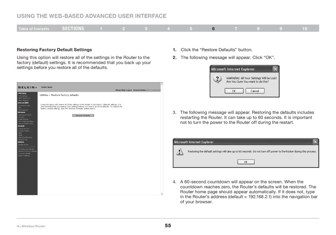 Belkin F5D8235-4 user manual Restoring Factory Default Settings 