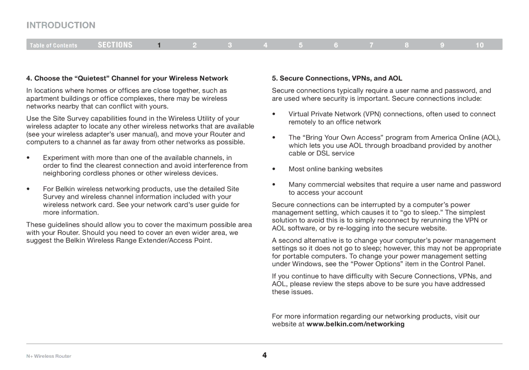 Belkin F5D8235-4 user manual Choose the Quietest Channel for your Wireless Network, Secure Connections, VPNs, and AOL 