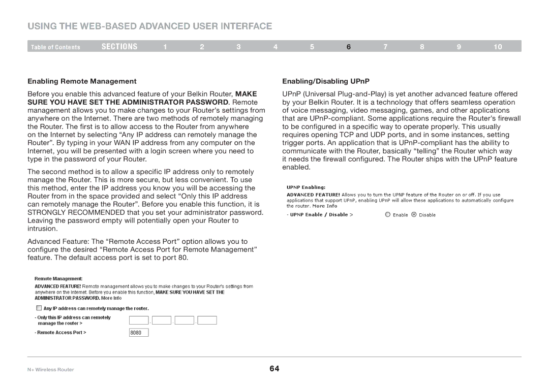 Belkin F5D8235-4 user manual Enabling Remote Management, Enabling/Disabling UPnP 