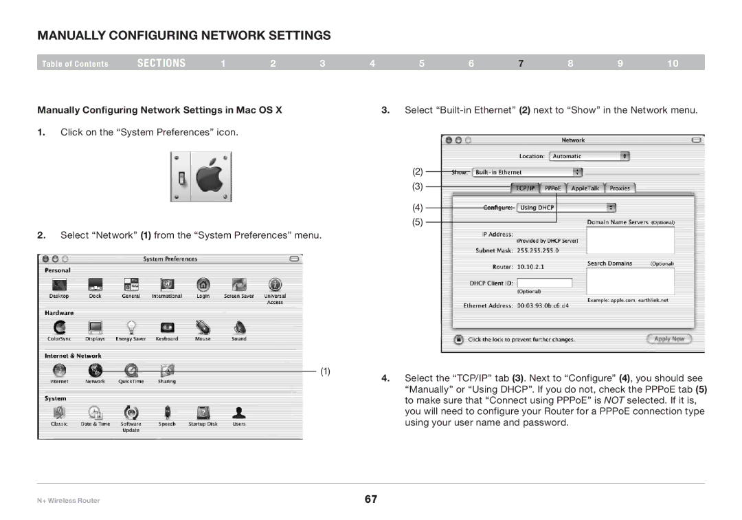 Belkin F5D8235-4 user manual Manually Configuring Network Settings in Mac OS 