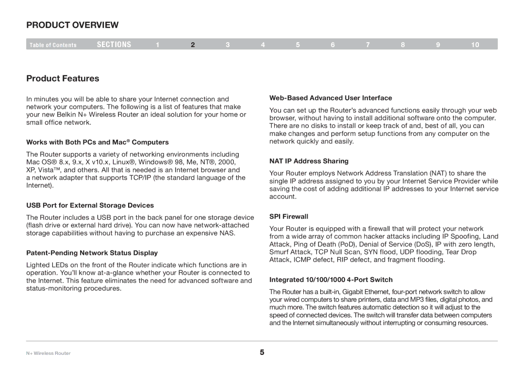 Belkin F5D8235-4 user manual Product Overview, Product Features 