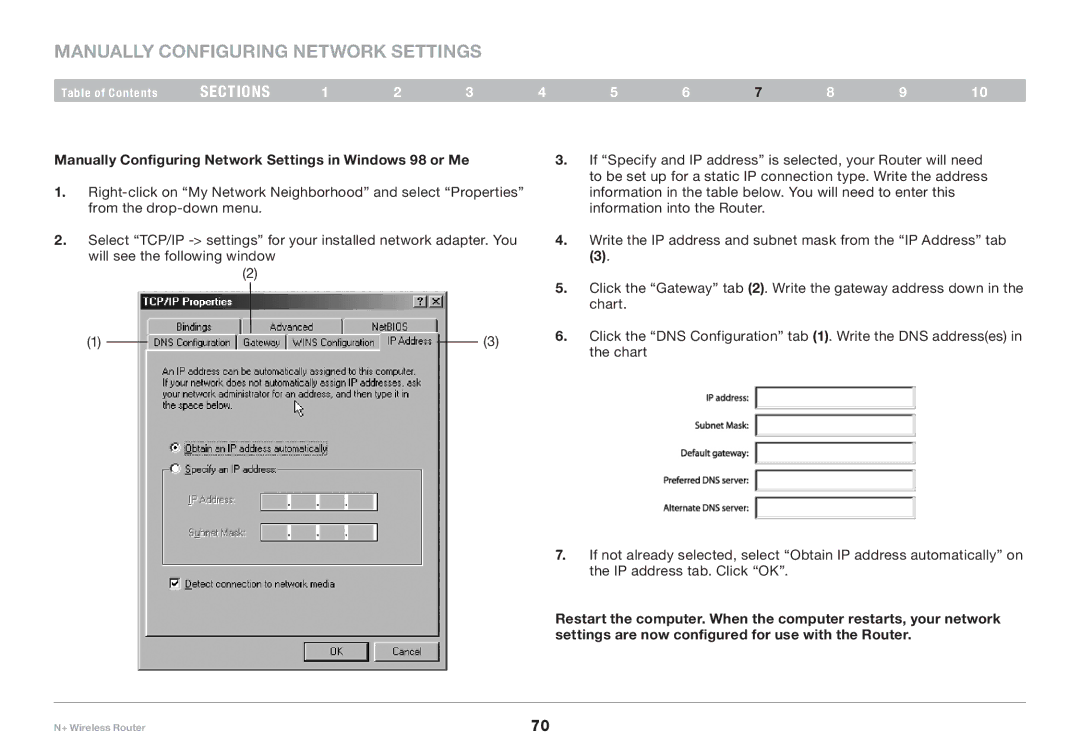 Belkin F5D8235-4 user manual Manually Configuring Network Settings in Windows 98 or Me 