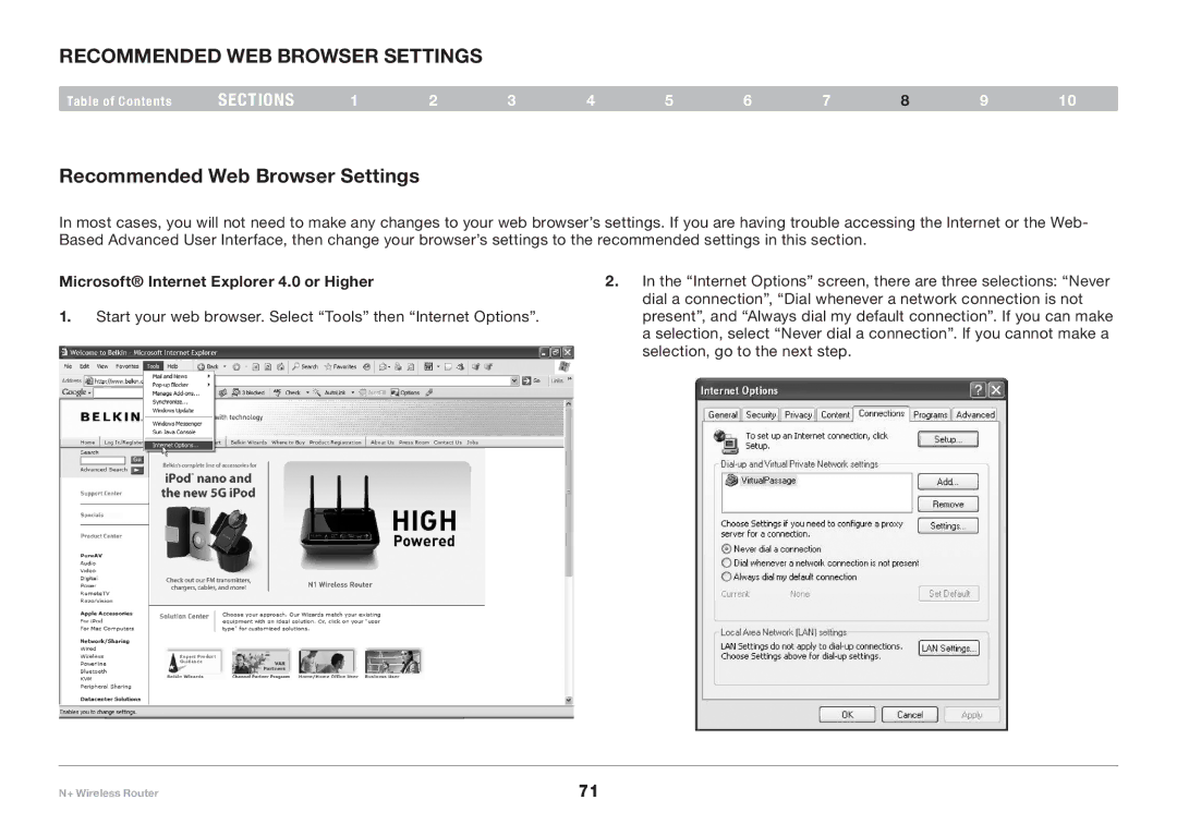 Belkin F5D8235-4 user manual Recommended Web Browser Settings, Microsoft Internet Explorer 4.0 or Higher 