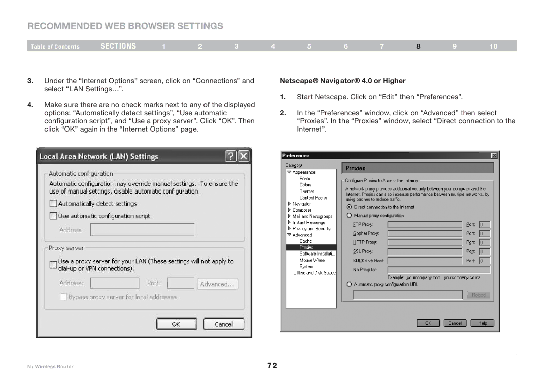 Belkin F5D8235-4 user manual Recommended Web Browser Settings, Netscape Navigator 4.0 or Higher 