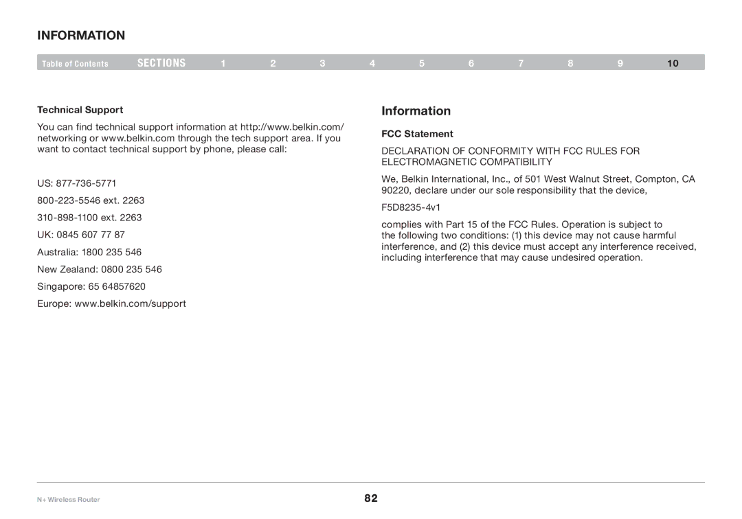 Belkin F5D8235-4 user manual Information, Technical Support, FCC Statement 