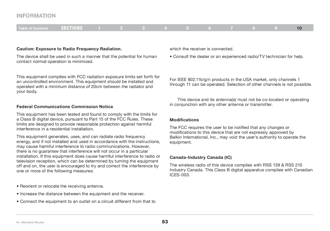 Belkin F5D8235-4 Information, Federal Communications Commission Notice, Modifications, Canada-Industry Canada IC 