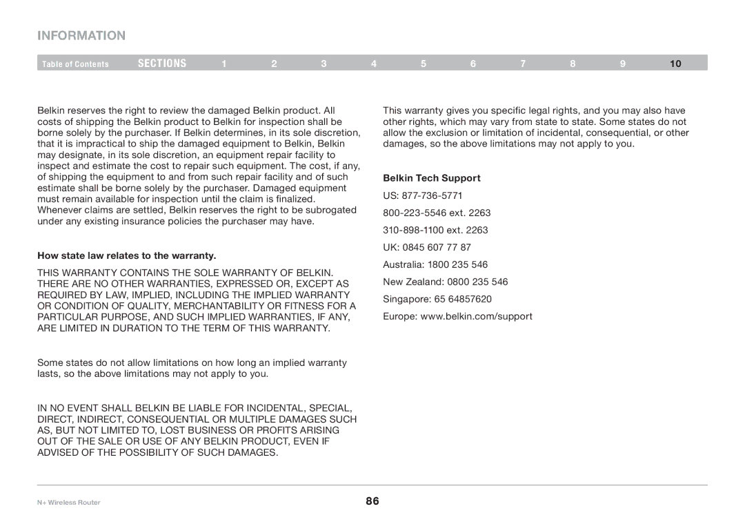 Belkin F5D8235-4 user manual How state law relates to the warranty, Belkin Tech Support 