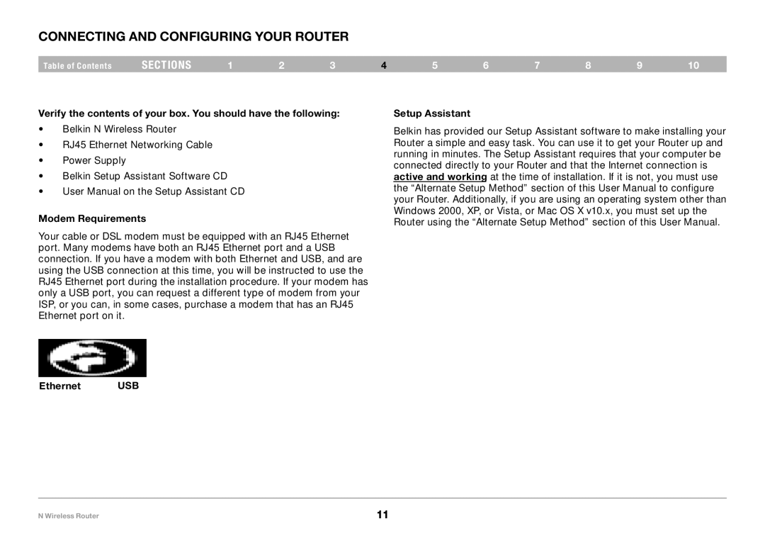 Belkin PM01122, F5D8236-4 Connecting and Configuring your Router, Modem Requirements, Setup Assistant Ethernet USB 