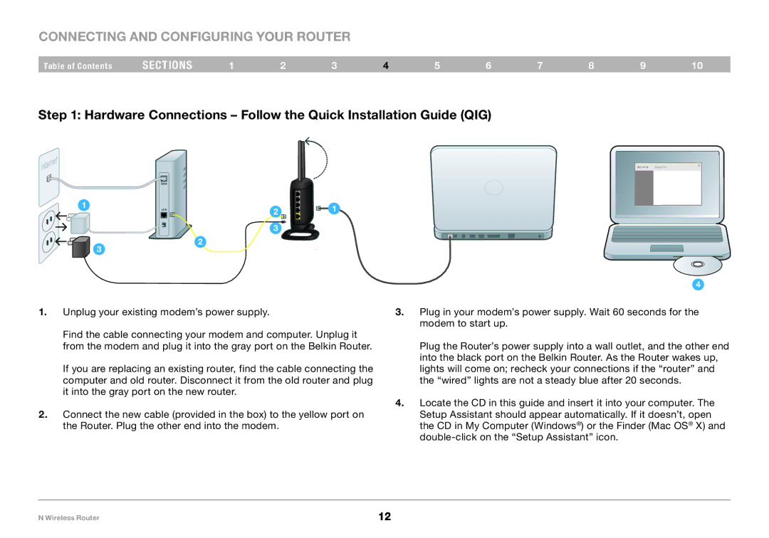 Belkin F5D8236-4 Connecting and Configuring your Router, Hardware Connections Follow the Quick Installation Guide QIG 