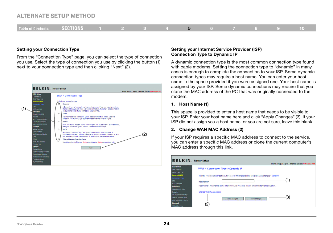 Belkin F5D8236-4, PM01122 user manual Setting your Connection Type, Host Name, Change WAN MAC Address 