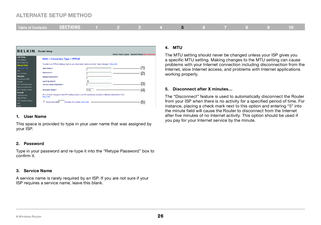 Belkin F5D8236-4, PM01122 user manual User Name, Password, Service Name, Mtu, Disconnect after X minutes… 