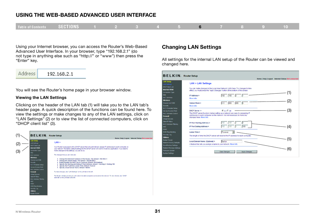 Belkin PM01122, F5D8236-4 Using the Web-Based Advanced User Interface, Changing LAN Settings, Viewing the LAN Settings 