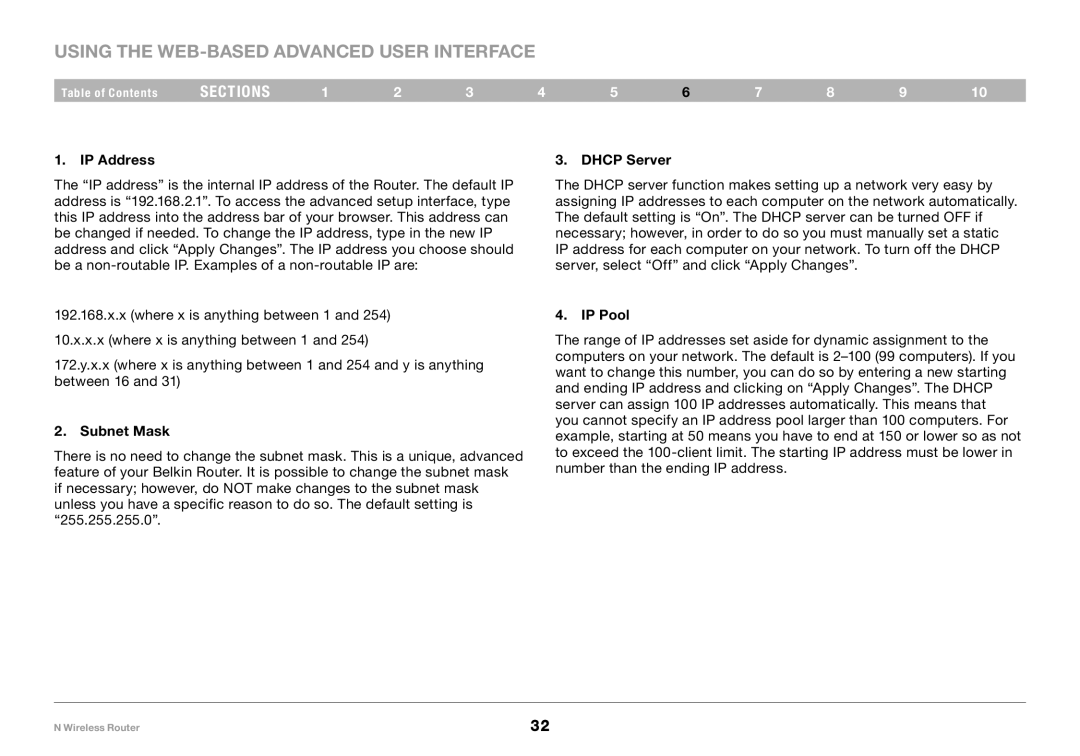 Belkin F5D8236-4, PM01122 user manual Using the Web-Based Advanced User Interface, Dhcp Server, IP Pool 