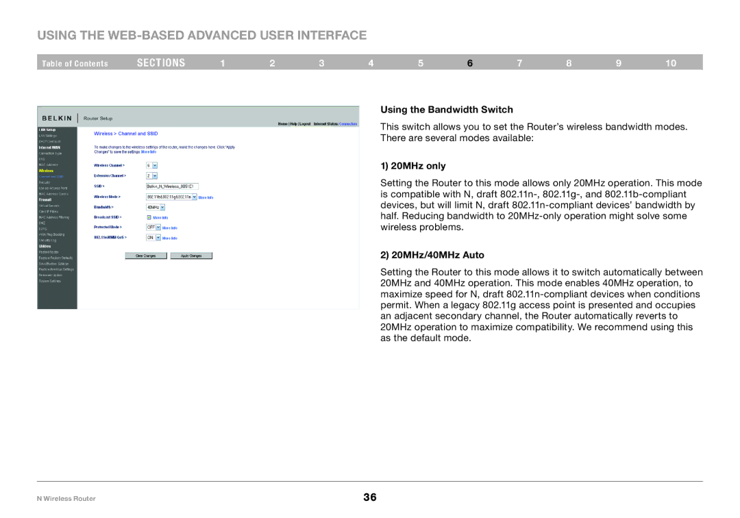 Belkin F5D8236-4, PM01122 user manual Using the Bandwidth Switch, 20MHz only, 20MHz/40MHz Auto 