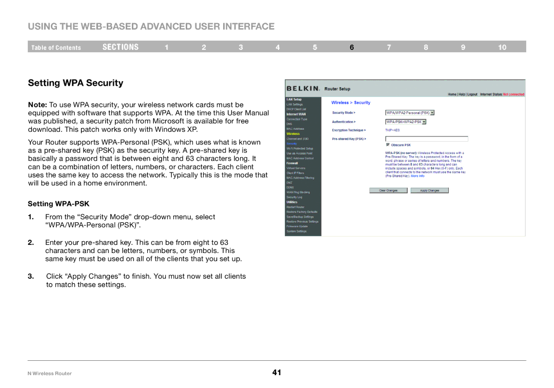 Belkin PM01122, F5D8236-4 user manual Setting WPA Security, Setting WPA-PSK 