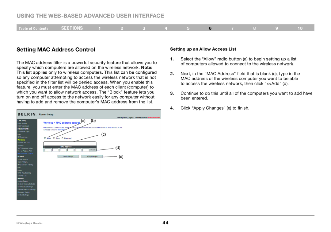 Belkin F5D8236-4, PM01122 user manual Setting MAC Address Control, Setting up an Allow Access List 