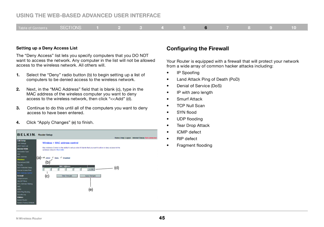 Belkin PM01122, F5D8236-4 user manual Configuring the Firewall, Setting up a Deny Access List 