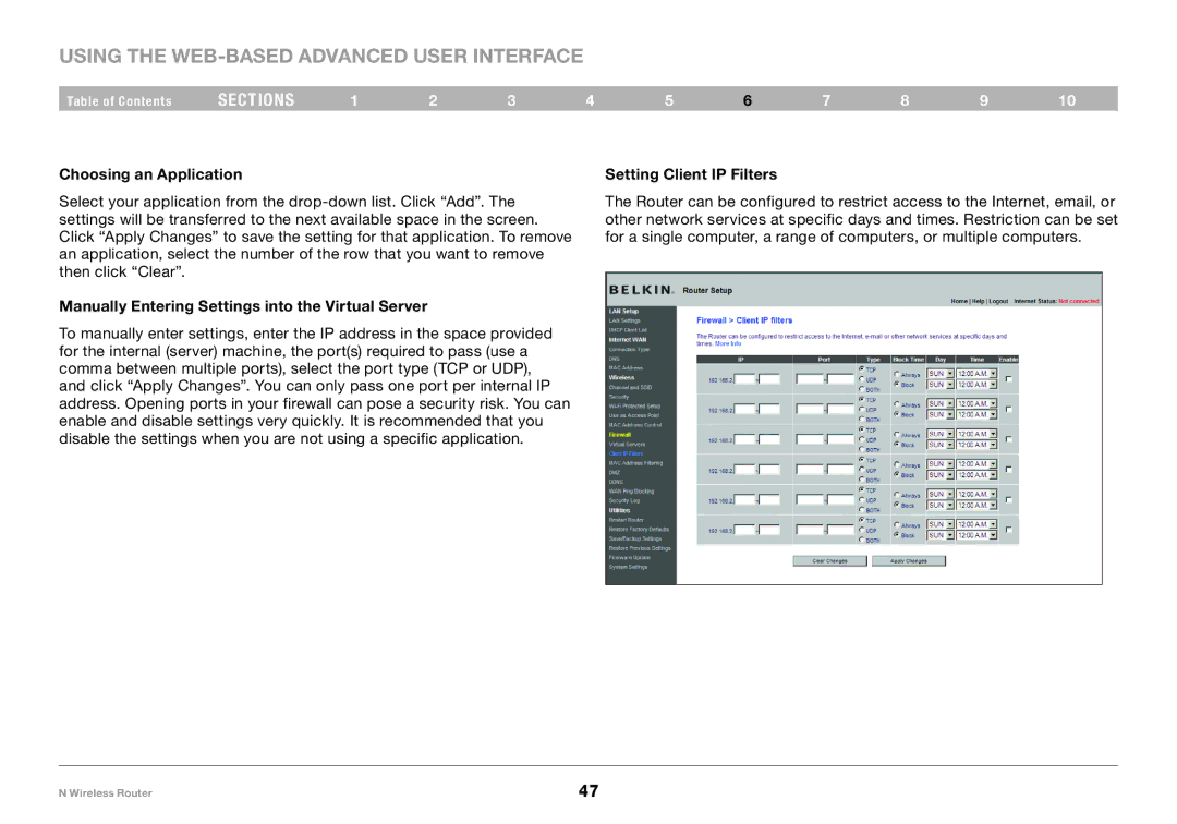 Belkin PM01122 Choosing an Application Setting Client IP Filters, Manually Entering Settings into the Virtual Server 