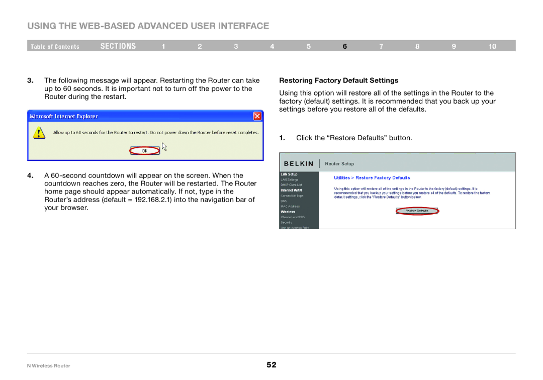 Belkin F5D8236-4, PM01122 user manual Restoring Factory Default Settings 