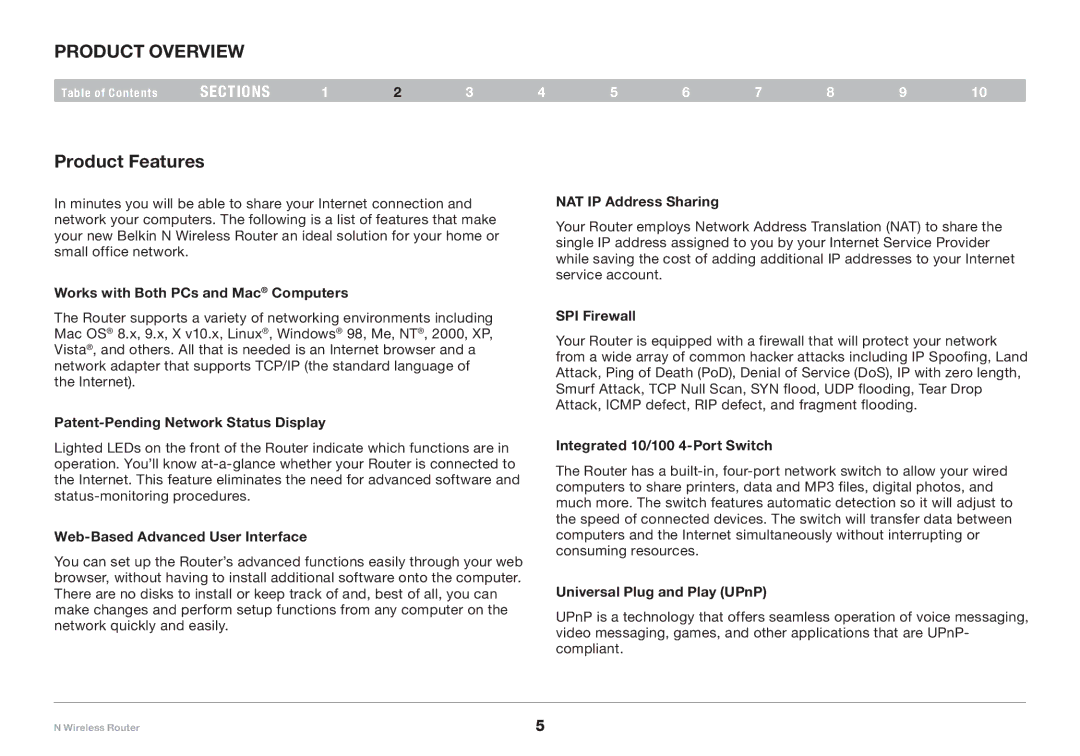 Belkin PM01122, F5D8236-4 user manual Product Overview, Product Features 