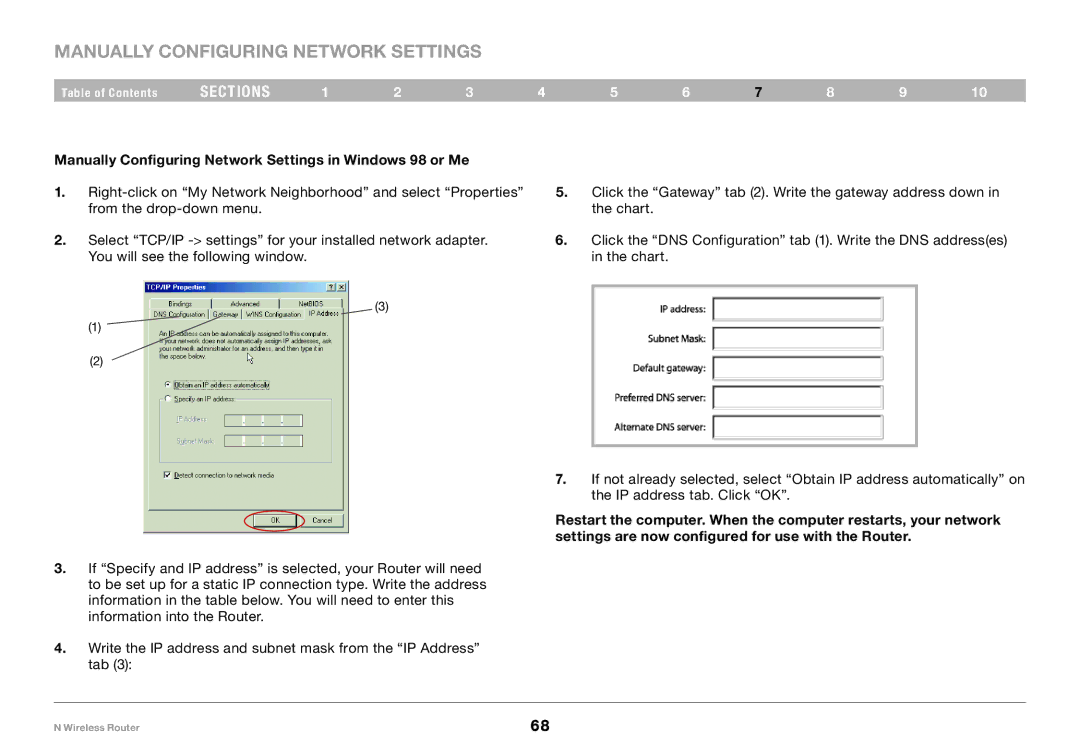 Belkin F5D8236-4, PM01122 user manual Manually Configuring Network Settings in Windows 98 or Me 