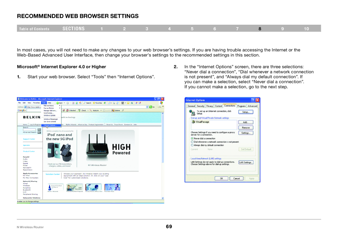 Belkin PM01122, F5D8236-4 user manual Recommended Web Browser Settings, Microsoft Internet Explorer 4.0 or Higher 