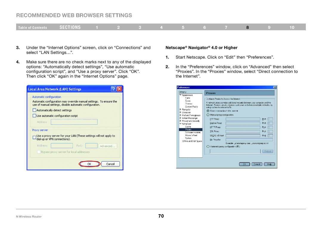 Belkin F5D8236-4, PM01122 user manual Recommended Web Browser Settings, Netscape Navigator 4.0 or Higher 