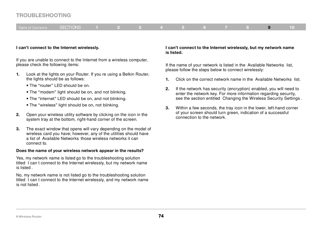 Belkin F5D8236-4, PM01122 user manual Can’t connect to the Internet wirelessly 