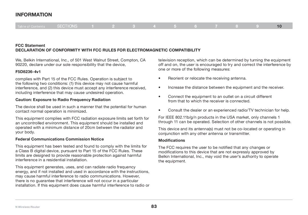 Belkin PM01122 user manual Information, FCC Statement, F5D8236-4v1, Federal Communications Commission Notice, Modifications 