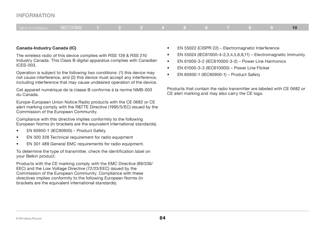 Belkin F5D8236-4, PM01122 user manual Information, Canada-Industry Canada IC 