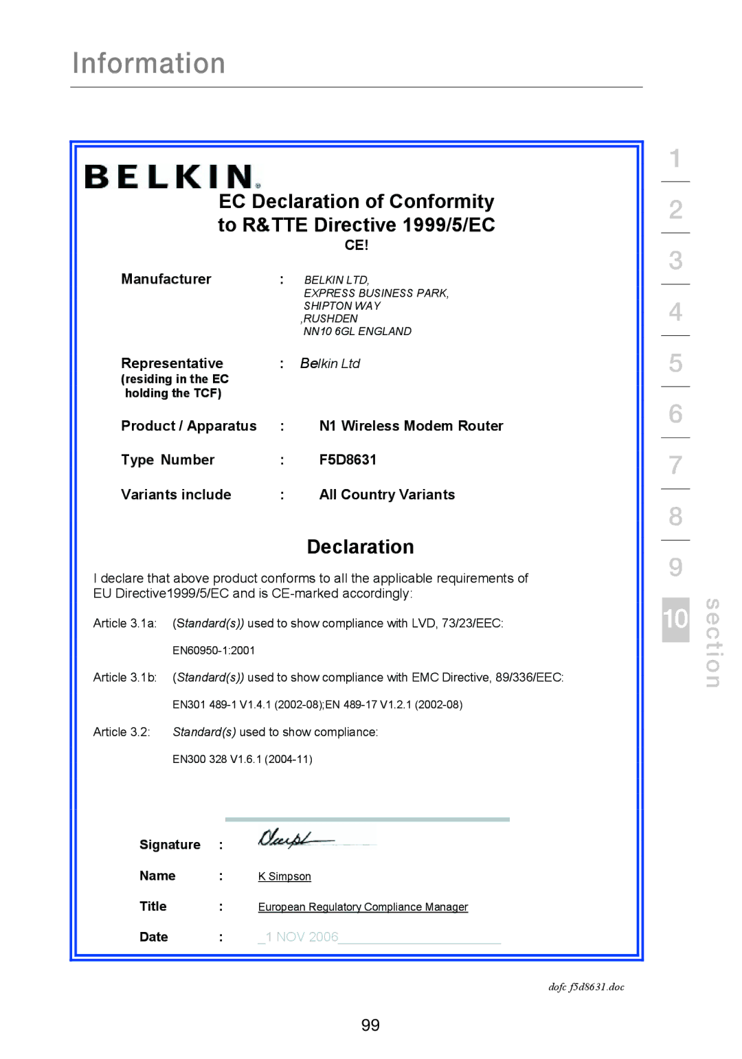 Belkin F5D8631-4 user manual EC Declaration of Conformity to R&TTE Directive 1999/5/EC 