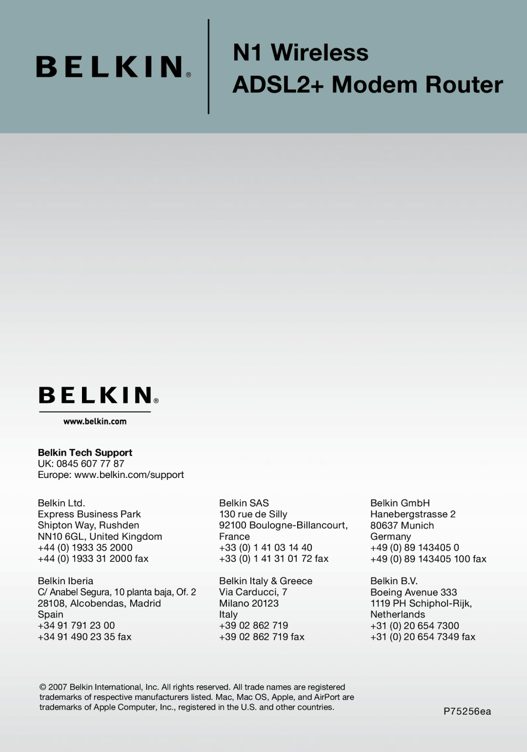 Belkin F5D8631-4 user manual Belkin Tech Support 