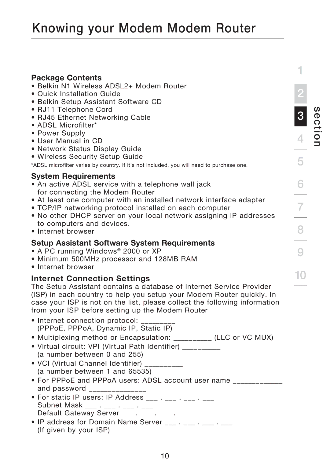 Belkin F5D8631-4 Knowing your Modem Modem Router, Package Contents, System Requirements, Internet Connection Settings 