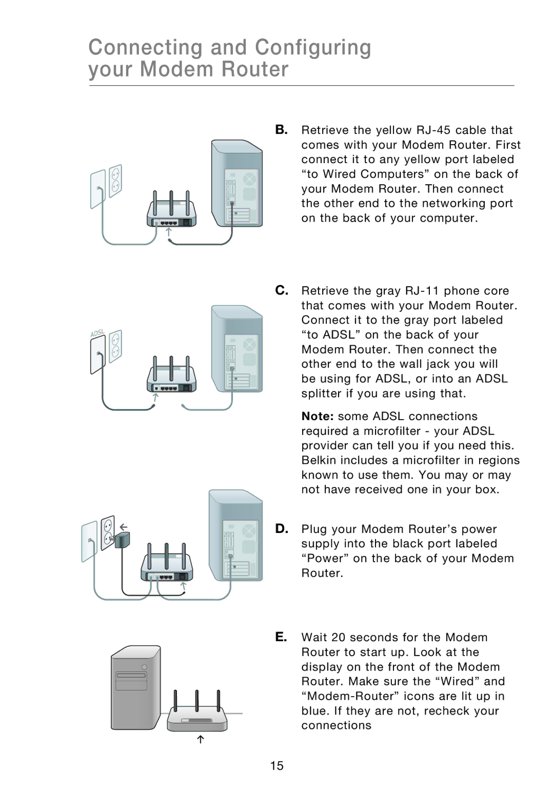 Belkin F5D8631-4 user manual Connecting and Configuring your Modem Router 