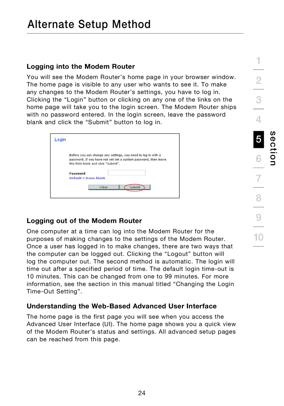 Belkin F5D8631-4 user manual Logging into the Modem Router, Logging out of the Modem Router 