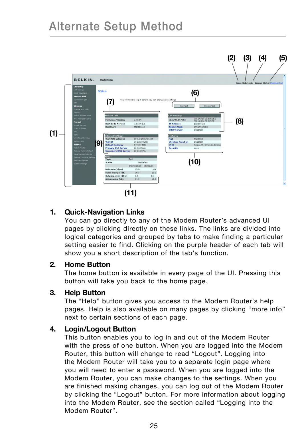 Belkin F5D8631-4 user manual Quick-Navigation Links, Home Button, Help Button, Login/Logout Button 