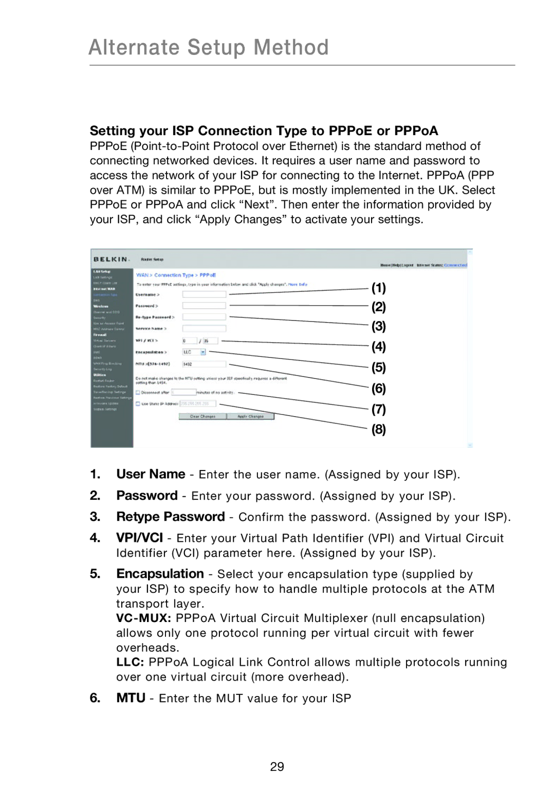 Belkin F5D8631-4 user manual Setting your ISP Connection Type to PPPoE or PPPoA 