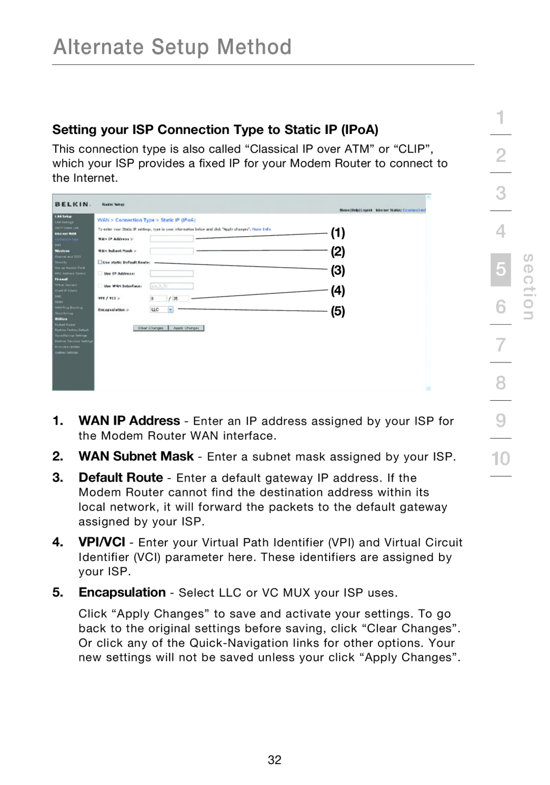 Belkin F5D8631-4 user manual Setting your ISP Connection Type to Static IP IPoA 