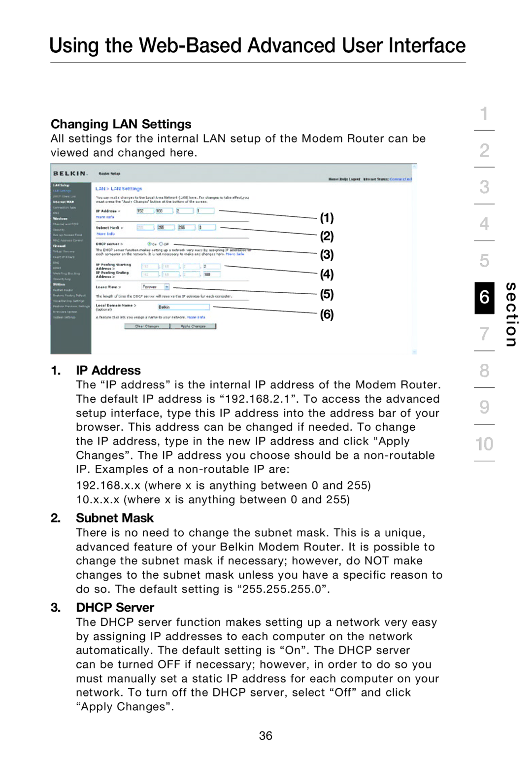 Belkin F5D8631-4 user manual Changing LAN Settings, IP Address, Subnet Mask, Dhcp Server 