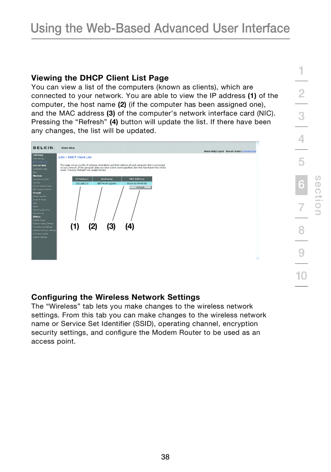 Belkin F5D8631-4 user manual Viewing the Dhcp Client List, Configuring the Wireless Network Settings 