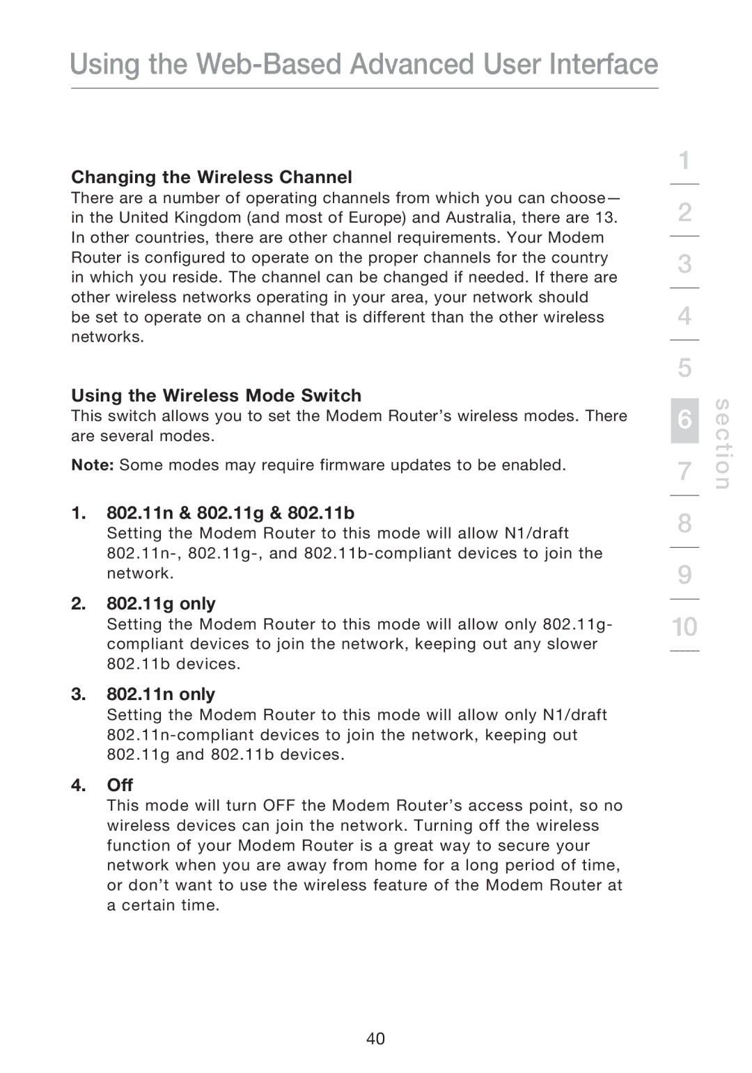 Belkin F5D8631-4 Changing the Wireless Channel, Using the Wireless Mode Switch, 802.11n & 802.11g & 802.11b, 802.11g only 