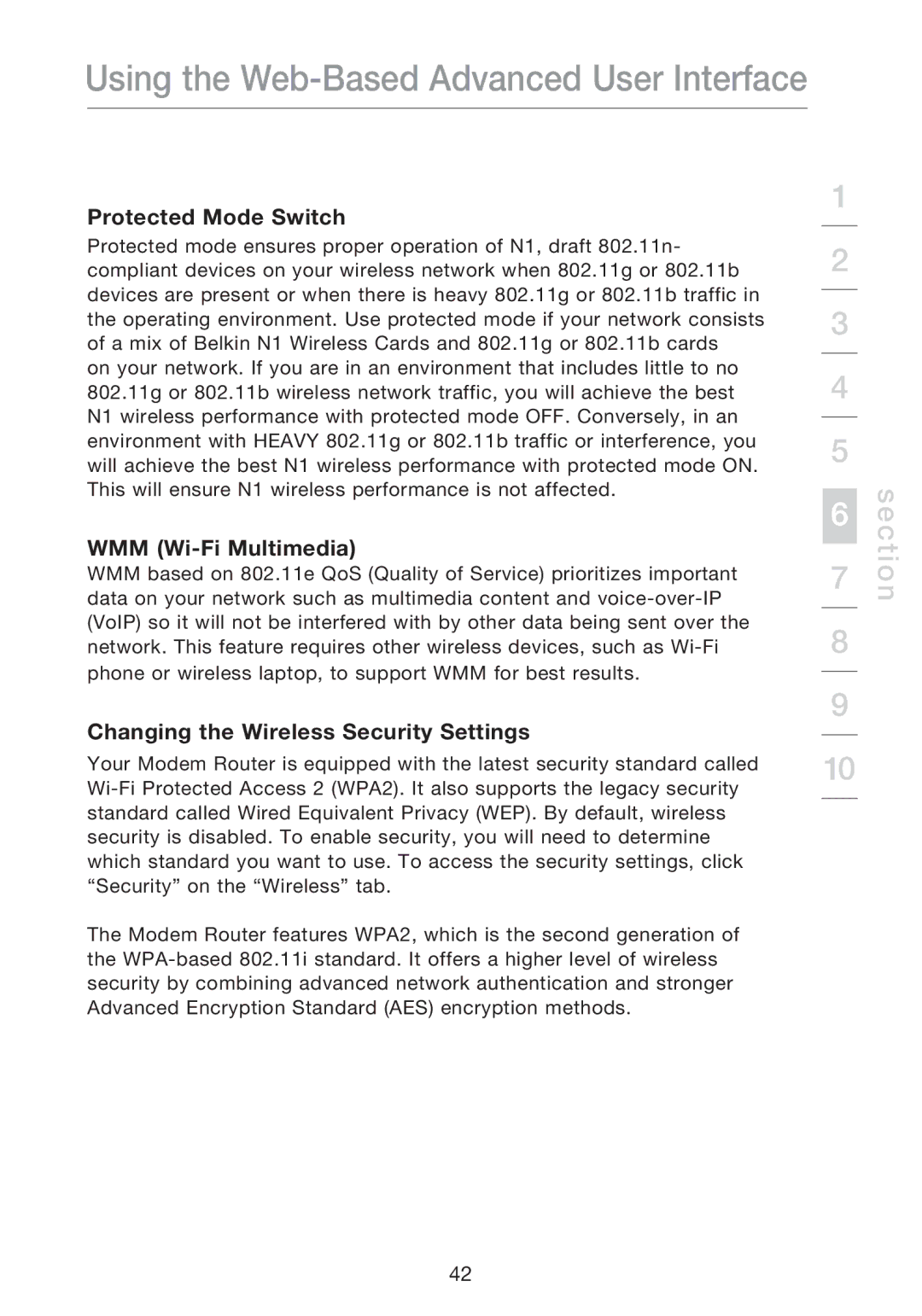 Belkin F5D8631-4 user manual Protected Mode Switch, WMM Wi-Fi Multimedia, Changing the Wireless Security Settings 