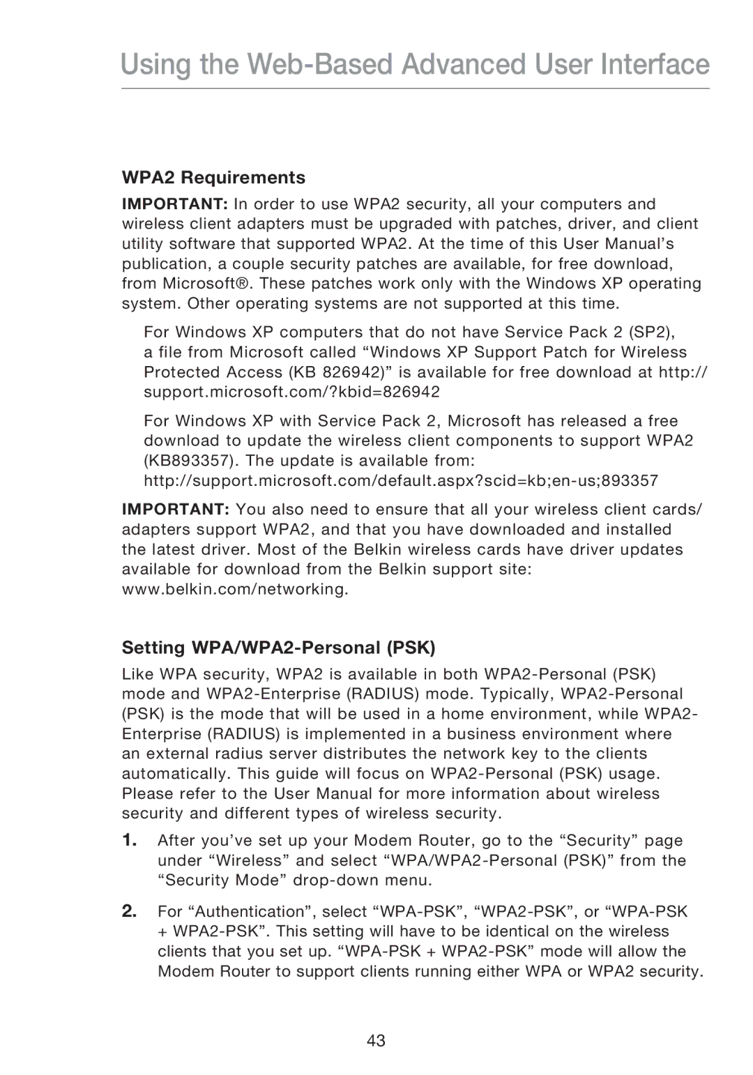 Belkin F5D8631-4 user manual WPA2 Requirements Setting WPA/WPA2-Personal PSK 