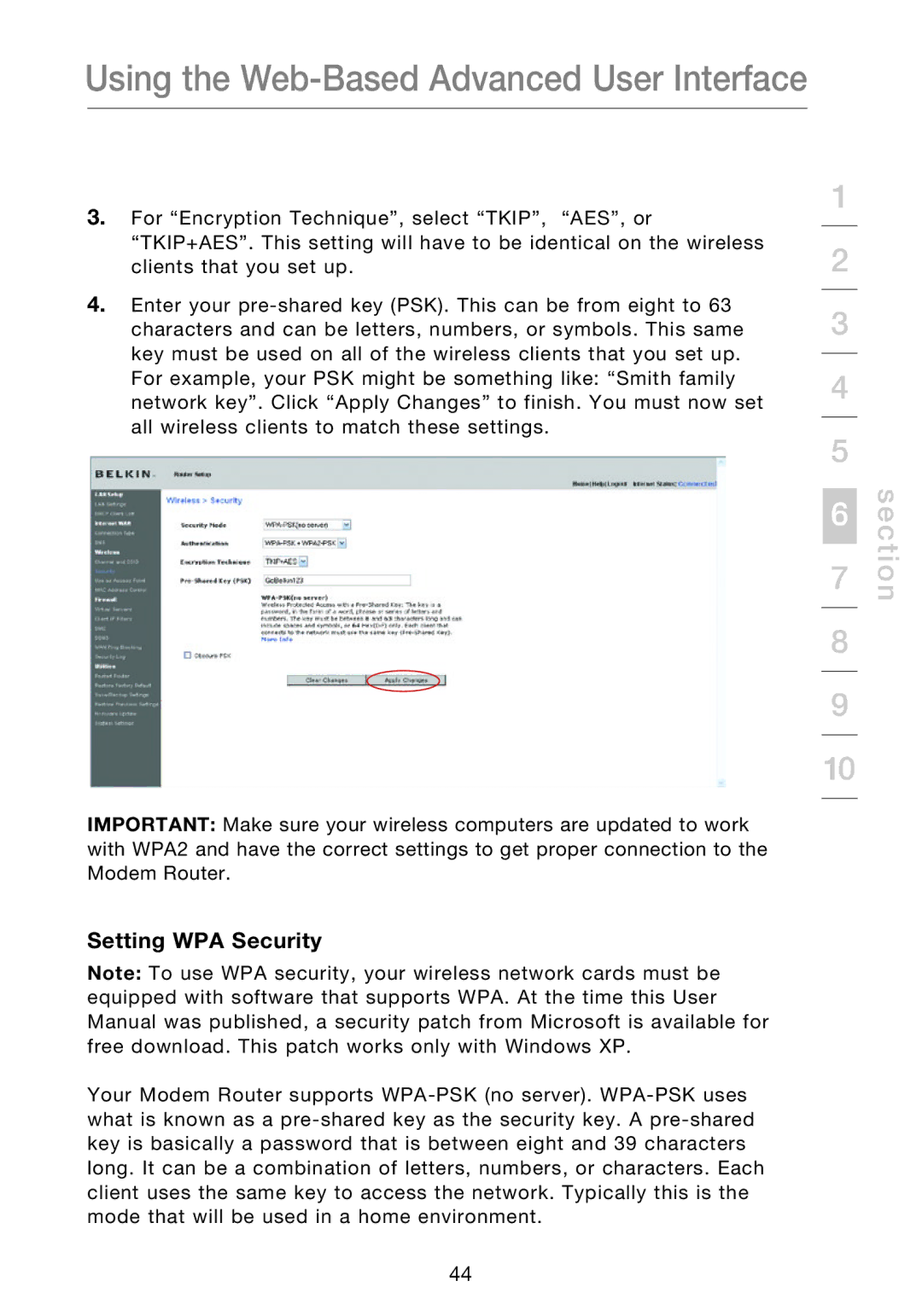 Belkin F5D8631-4 user manual Setting WPA Security 