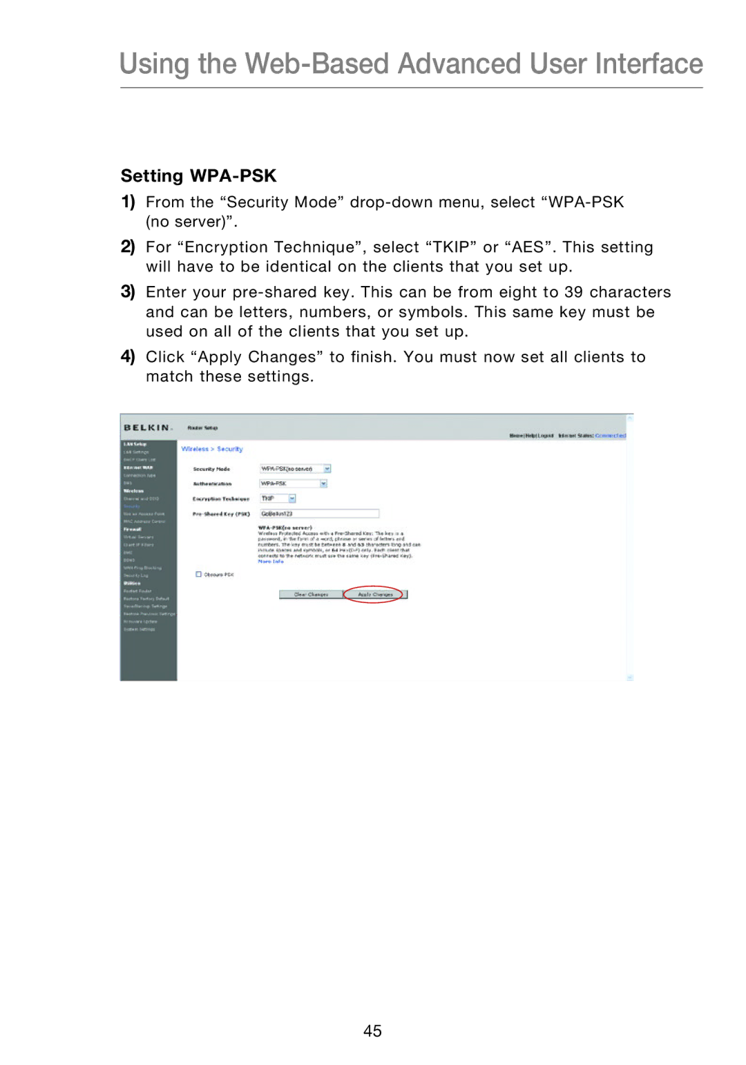 Belkin F5D8631-4 user manual Setting WPA-PSK 